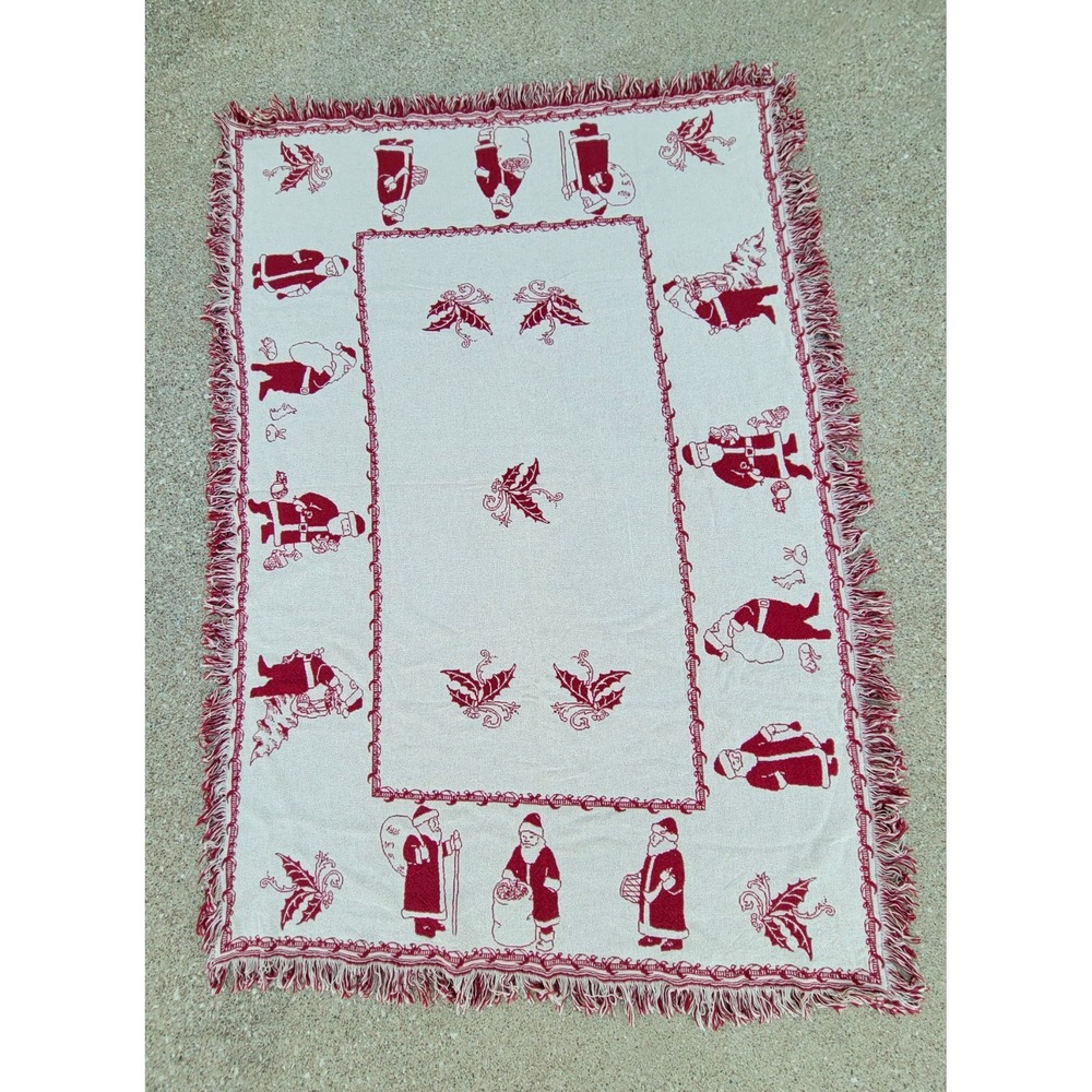 Vintage Reversible Fringed Cotton Santa Christmas Sofa Throw Blanket 48x68 -read